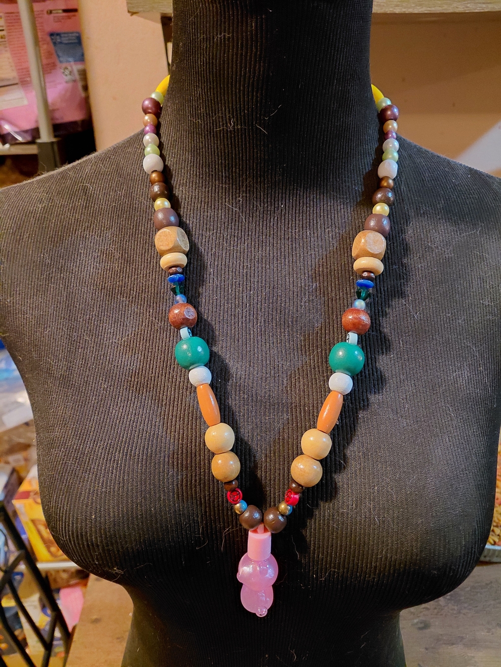 Boho Multicolor Beaded Necklace with Pink Pendant